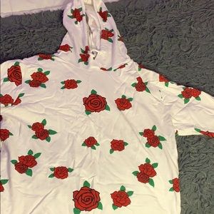 white hoodie with roses